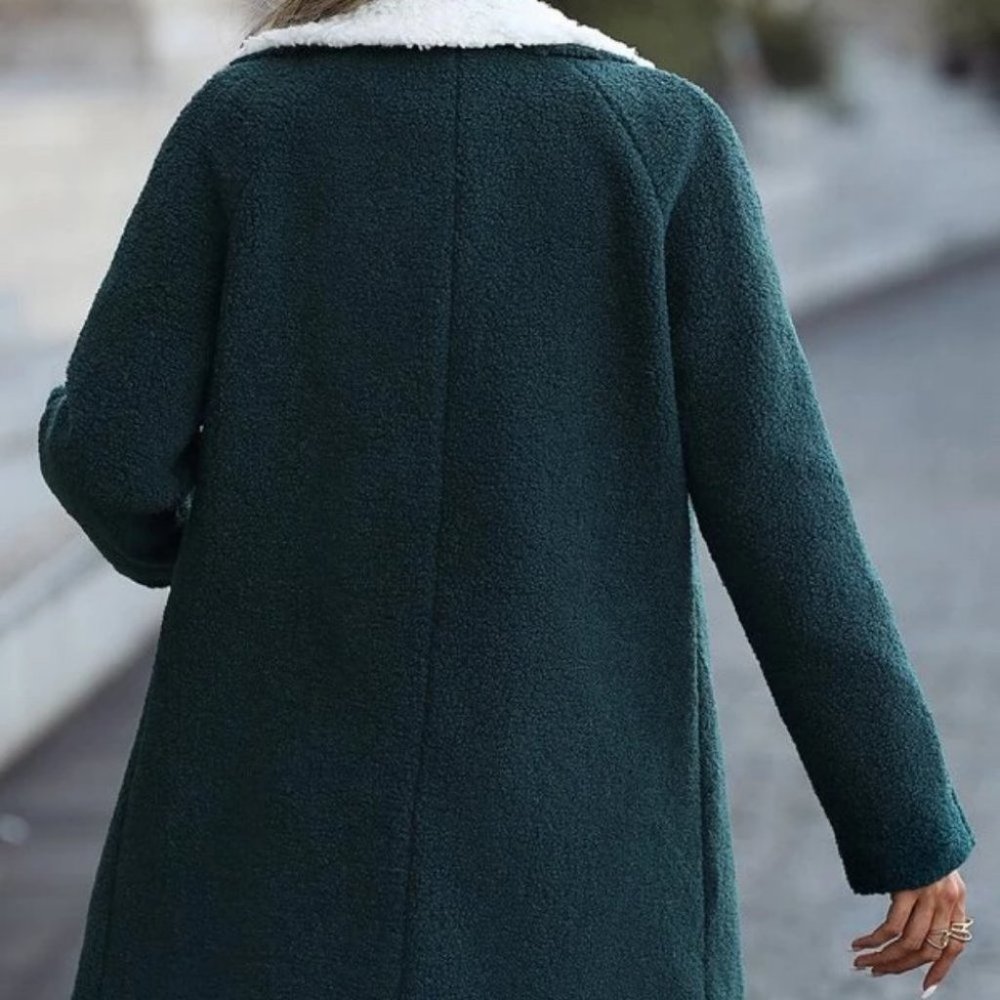 Teddy Lined Lapel Collar Double Breasted Coat fall winter green - Picture 4 of 8